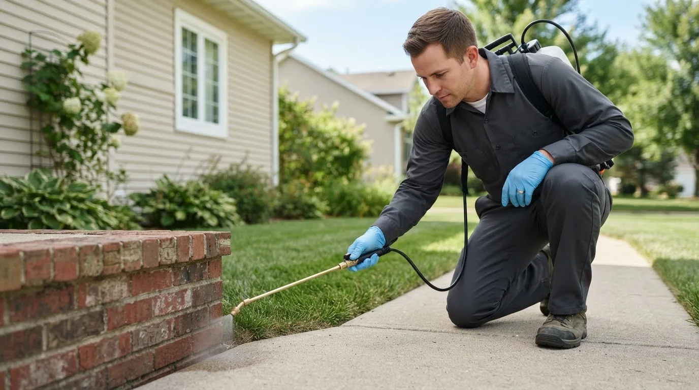 Pest control technician treating a home near Lake Grove, NY